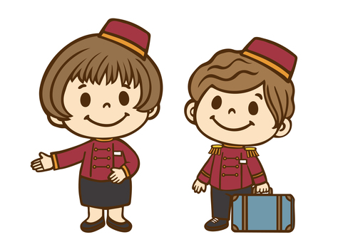 子供職業体験「ホテルマン」 ホテルマン,ホテリエ,スタッフ,ホテル,フロント,クラーク,コンシェルジュ,ベルスタッフ,ドアマン,マネージャーのイラスト素材