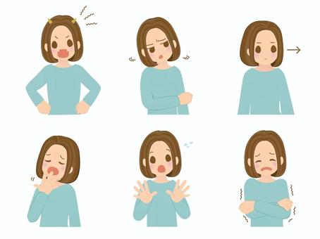 色んな表情の女性③ 女性,大人,母親,上半身,正面,ポーズ,水色,人,白背景,デフォルメのイラスト素材