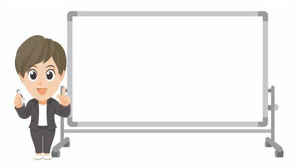 白板傍でペンと指さす若いビジネス女性② 先生,教師,教員,指導員,スーツ,ビジネス,会社,指を指す,指差し,解説のイラスト素材