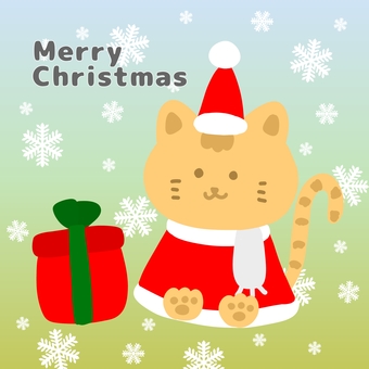 クリスマス 猫サンタとプレゼント クリスマス,猫,クリスマスプレゼント,サンタの帽子,マフラー,雪の結晶,文字入り,冬,手書き,かわいいのイラスト素材