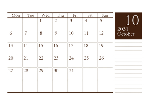 月曜始まりカレンダー2031年10月A4 月曜始まり,10月,１０月,カレンダー,2031年カレンダー,2031,令和13年,2031カレンダー,シンプル,テンプレートのイラスト素材