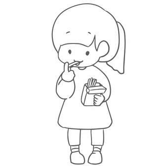 お菓子を食べる女の子（線画） お菓子,スナック,女の子,食べる,おやつ,かわいい,線画,リラックス,休憩,カジュアルのイラスト素材