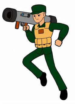 男性　兵隊　イラスト 走る,男性,兵隊,バズーカ,緑色,軍服,背景,色なしのイラスト素材