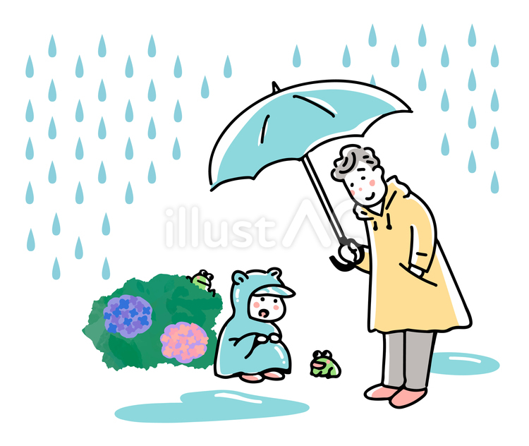 雨の散歩＿父と息子 紫陽花,アジサイ,水たまりのイラスト素材