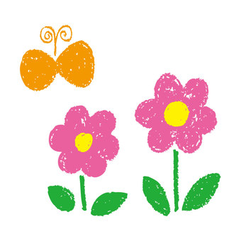 クレヨン＿お花畑_蝶と花 花,蝶,春,クレヨン,落書き,お絵描き,手描き,クレヨン画,絵,植物のイラスト素材