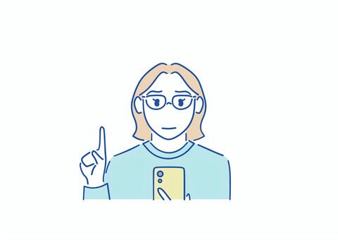 スマホを操作するメガネの女性_不安 女性,ミディアム,ブラウン,メガネ,普段着,丸首,水色,バストアップ,正面,爽やかのイラスト素材