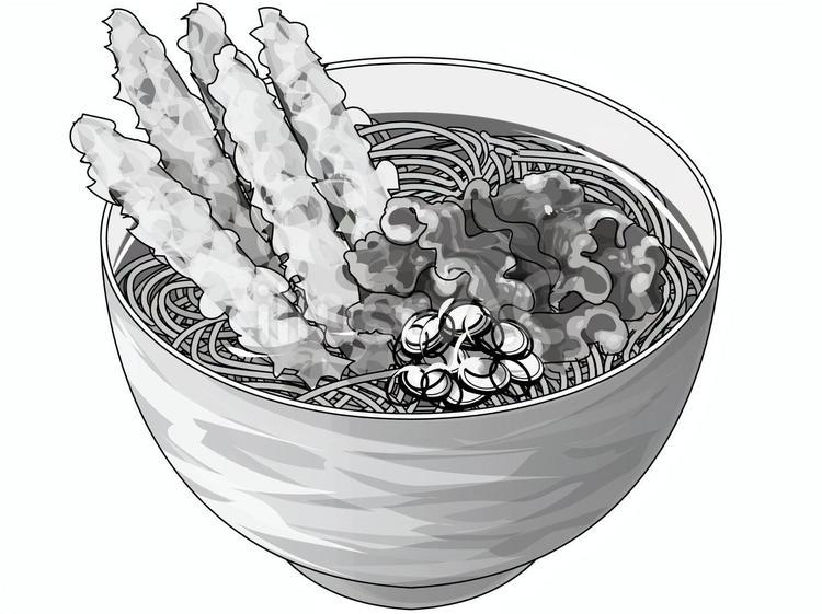 肉ごぼ天そば（白黒） そば,ごぼ天,牛肉のイラスト素材