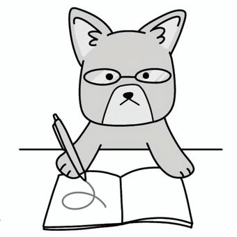 書く犬（白黒） 勉強,文房具,文具,鉛筆,シャーペン,書き物,書く,作文,お絵描き,絵のイラスト素材