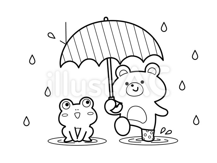 ぬり絵用カエルとクマ　梅雨素材 ぬり絵,動物,線画のイラスト素材