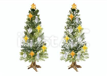 《水彩風》クリスマスツリー_金銀