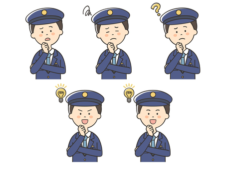 悩みが解決する男性警察官のセット 警察官,困る,不安,悩む,心配,不満,考える,落ち込む,わからない,迷うのイラスト素材
