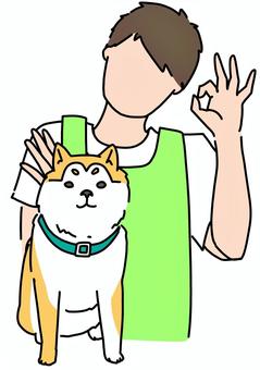 柴犬と指で丸を作る男性　カラー 柴犬,ペットサロン,ペットシッター,男性,エプロン,カラーのイラスト素材
