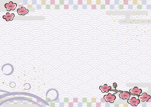 新春チラシ背景-35 背景,和柄,フレーム,市松,雲,霞,霞文様,梅,青海波,筆のイラスト素材