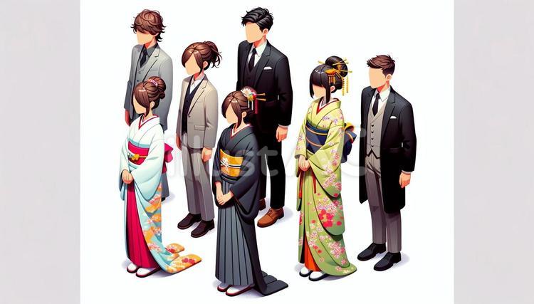 成人式晴れ着の男女と着物・振り袖とスーツ 晴れ着,成人式,女性のイラスト素材