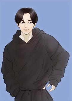 黒髪ボーイ 黒髪,フーデッド,少年,イケメン,漫画のイラスト素材