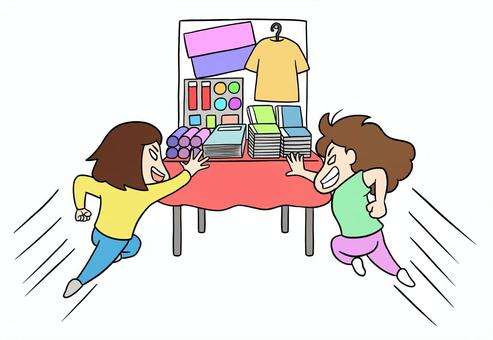 推しグッズを求めてダッシュする女性たち 推し活,推し,グッズ,争奪戦,売り場,物販,売店,ダッシュ,駆け寄る,必死のイラスト素材