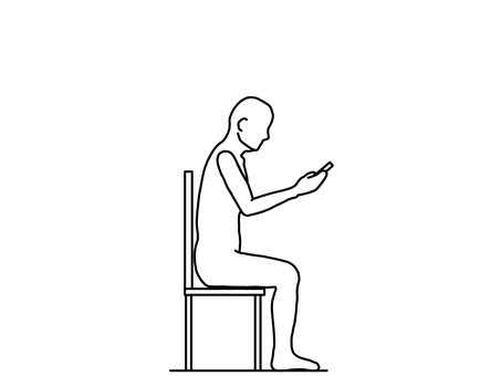 猫背で椅子に座りスマホ画面を見下ろす人 猫背,スマホ,俯く,横向き,座位,線画,白黒のイラスト素材