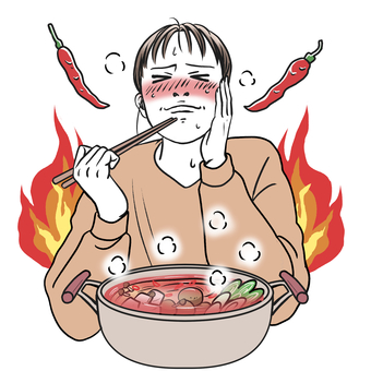 辛い料理を食べる女性 女性,激辛,鍋,ポカポカ,冬,唐辛子,食事,辛いのイラスト素材