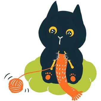 あみもののゆうわく あみもののゆうわく 猫,黒猫,編み物,毛糸,マフラー,手描き,ワンポイント,擬人化,かわいい,絵本風のイラスト素材