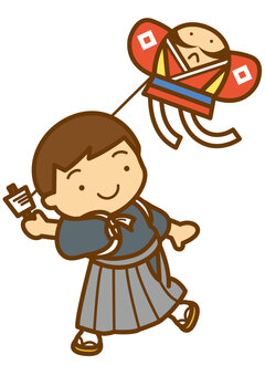 凧揚げ-4c 凧揚げ,正月,遊び,凧,糸巻き,着物,袴,和装,糸,奴凧のイラスト素材