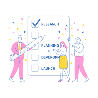 タスク達成を喜ぶビジネスチーム 人物,男女,ビジネス,タスク,チェックリスト,計画,進捗,達成,リサーチ,チームのイラスト素材