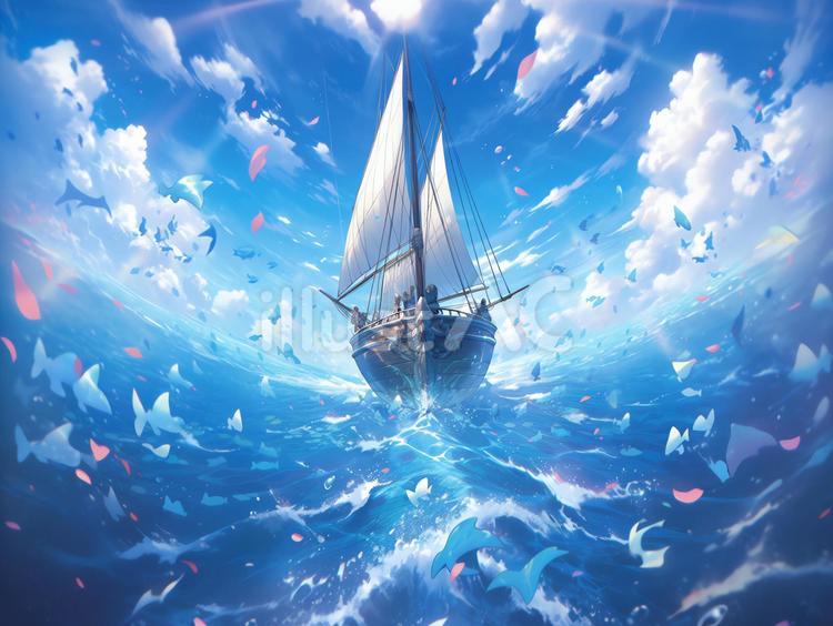 晴天の大海原を颯爽と走る小型帆船_背景画イラスト - No