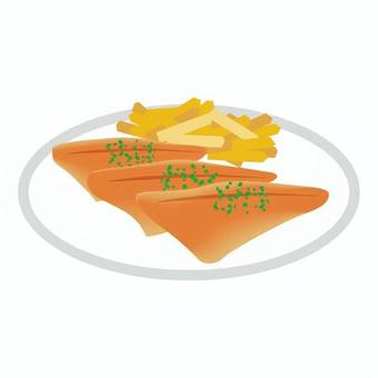 フィレ・ド ・ ペルシュ フィレドペルシュ,魚,切り身,フライ,ポテト,皿,黄色,茶色,白色,緑色のイラスト素材