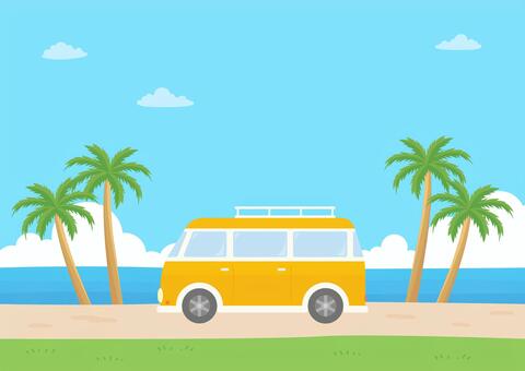 夏の海と空とおしゃれな車 夏,海,空,車,乗り物,夏休み,旅行,ヤシ,ビーチ,バスのイラスト素材