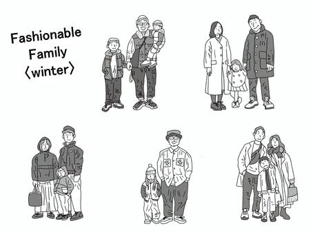 おしゃれファミリーＤＦ①　モノクロ 家族,ファミリー,パパ,ママ,子供,お父さん,お母さん,ファッショナブル,おしゃれ,かわいいのイラスト素材