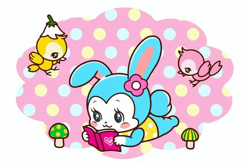 昭和レトロポップ風ウサギ1 レトロポップ,ウサギ,小鳥,きのこ,読書,かわいいのイラスト素材