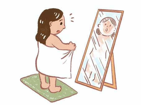 自分の体を見る女の子 性教育,やさしい,手描き,かわいい,女の子,少女,子ども,第二次性徴,成長,鏡のイラスト素材