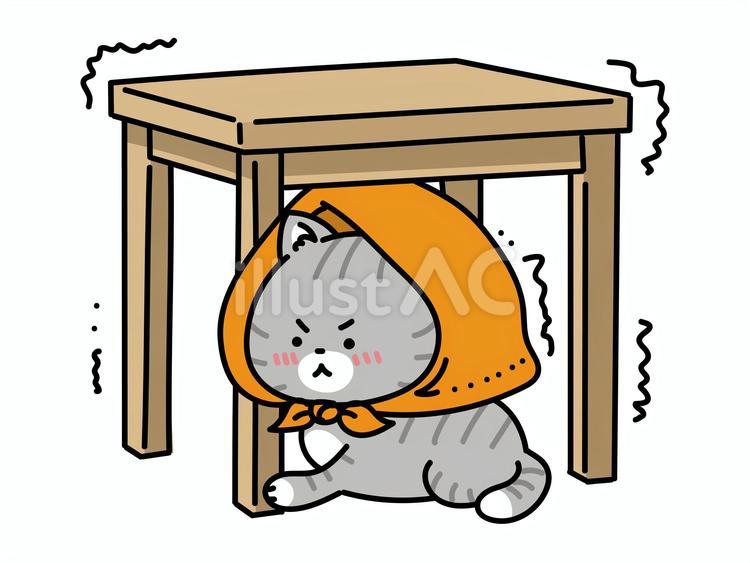 地震だ！防災ずきんをかぶる猫ちゃん ねこ,地震,防災ずきんのイラスト素材