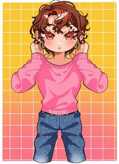 くるくるパーマの女の子 女の子,くるくる,パーマ,ニット,デニム,ピアス,冬のイラスト素材