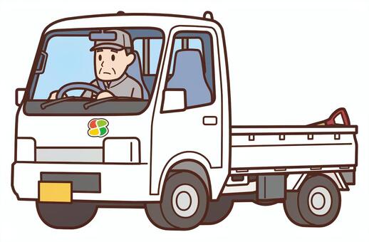 高齢者が運転する軽トラ 軽トラ,軽トラック,高齢者マーク,高齢者,年配,男性,おじいさん,作業服,ドライバー,運転のイラスト素材