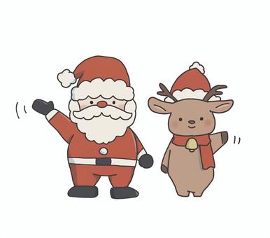 手を振る　サンタとトナカイ クリスマス,サンタクロース,トナカイ,冬,12月,サンタ,サンタさん,クリスマスイブ,季節,イベントのイラスト素材