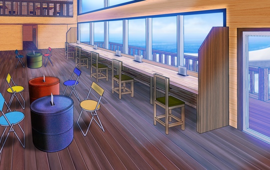 海辺のカフェの店内 カフェ,お店,店内,建物,空間,休憩場所,海,海岸,建築物,テーブルのイラスト素材
