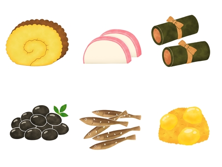 おせち料理の中身 おせち料理,正月,伊達巻,蒲鉾,昆布巻き,黒豆,田作り,栗きんとん,料理,食べ物のイラスト素材