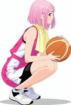 ボールを持って座る女の子 バスケットボール,ユニフォーム,女の子,カワイイ,萌系,タオル,バッシュ,ピンク髪,部活,スポーツのイラスト素材