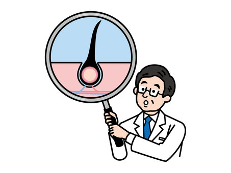 毛を虫眼鏡で見る医師 毛,脱毛,薄毛,発毛,抜け毛,育毛,ヘアケア,虫眼鏡,解説,病院のイラスト素材