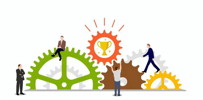 ギア・歯車 ビジネスイメージ イラスト 歯車,ギア,成功,トロフィー,イノベーション,インスピレーション,産業,機械,ビジネス,バッググラウンドのイラスト素材