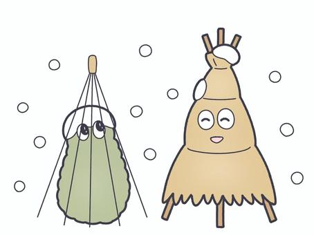 雪が降る中のこも巻きと雪吊り 雪吊り,こも巻き,雪雪囲い,冬,顔つき,擬人化,降る,ゆるい,かわいい,手描きのイラスト素材