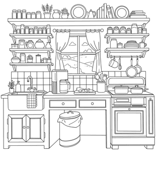 キッチン2 ぬり絵,手書き,線画,白黒,塗り絵,ぬりえ,キッチン,台所,コーヒーメーカー,瓶のイラスト素材
