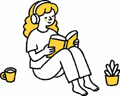 ヘッドホンをして読書をする女性 ヘッドホンをして読書をする女性 ヘッドホン,女性,音楽,聴く,本,読む,読書,一人暮らし,趣味,好きのイラスト素材