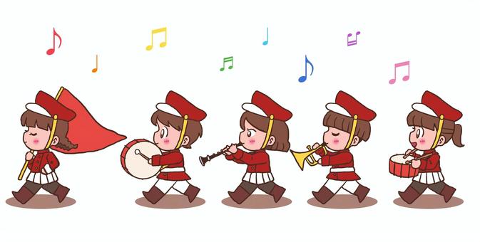 子ども　マーチング　イラスト 手描き,マーチング,音楽隊,音楽,演奏,楽器,旗,大太鼓,クラリネット,トランペットのイラスト素材