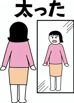 太る女性 太る女性 太る,お腹,肥満,鏡,映る,女性,全身,体系,確認,文字のイラスト素材