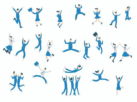 ジャンプして喜ぶ学生のセット　手書き 人物,人々,群衆,ジャンプ,喜ぶ,学生,高校生,中学生,受験生,制服のイラスト素材