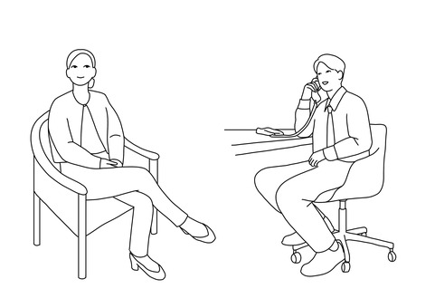 椅子に座る男女線画 椅子,座る,電話,男性,女性,ビジネスフォン,電話対応,着席,会議,商談のイラスト素材