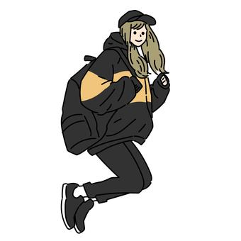 縮こまってジャンプするカジュアル服の女性 縮こまってジャンプするカジュアル服の女性 女性,全身,笑顔,ジャンプ,ポーズ,ジェスチャー,カジュアル,私服,バックパック,キャップのイラスト素材