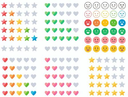 ほし・ハート・顔の五段階評価　カラフル 星,ハート,顔,五段階,評価,アイコン,セット,一覧,格付け,記録のイラスト素材