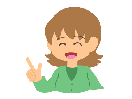 指さしする女性 指さし,満面の笑み,笑う,笑顔,女の人,茶髪,主線なし,ポップ,可愛い,単体のイラスト素材